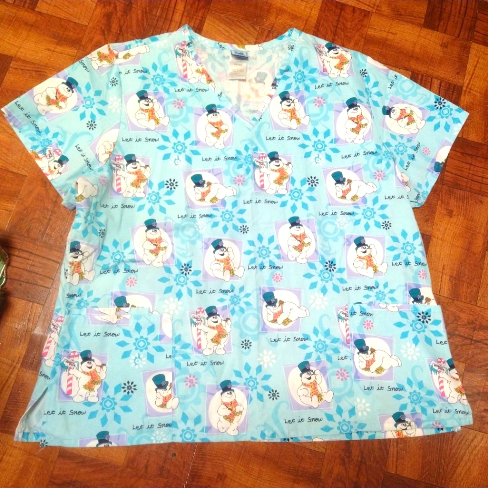 Frosty The Snowman Christmas Winter Scrub Top Nurse Women's 2X